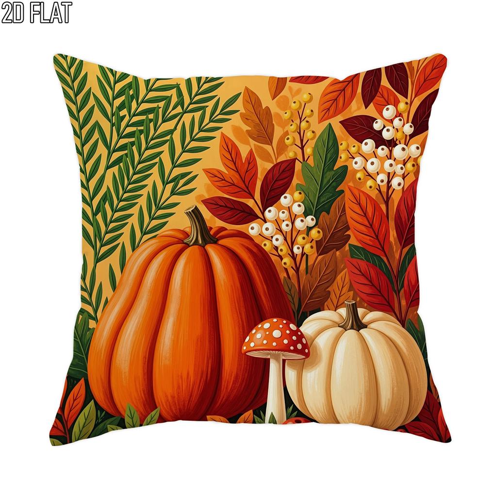 2D Flat - 1pc 2D Flat Throw Pillow Covers Autumn Pumpkin Mushroom Leaves Vintage Style Orange Green Red Soft Velvet Washable Pattern Pillow Covers for
