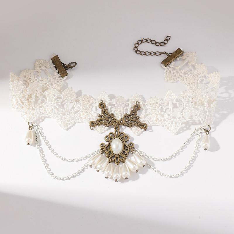 Stylish Multi-layer White Lace Necklace Collar for Women, Trendy Collarbone Chain Necklace, Pearl Pendant.
