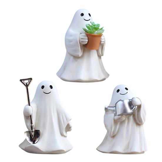 3 Pcs Halloween Ghost Figurines Resin Gardening Ghost Statue Cartoon Ghost Collectibles