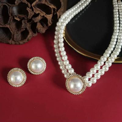 3Pcs  Double Layer Pearl Pendant Necklace Earrings Jewelry Set Ladies Banquet Wedding Jewelry Accessories Gift