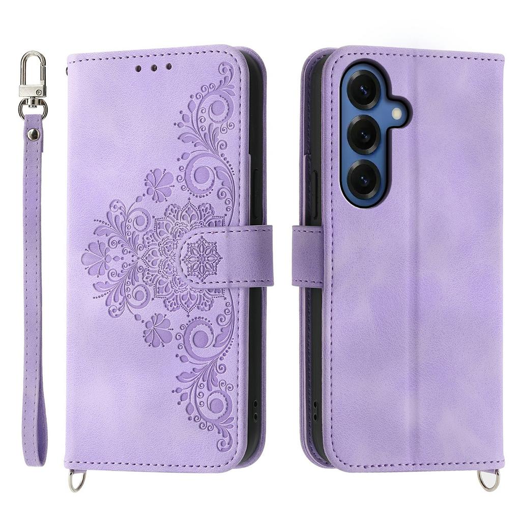 For Samsung Galaxy S26+ Case Flower Pattern PU Leather Wallet Phone Cover with Strap