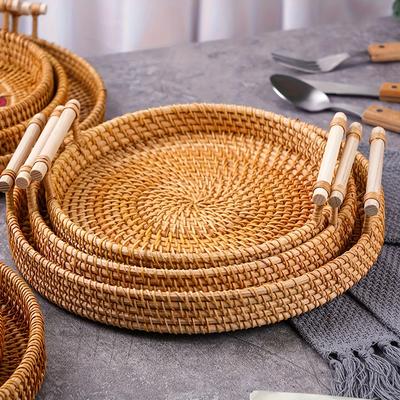 Handmade Rattan Tray Double Ear Tea Fruit Serving Tray, Bread Snack Storage Woven Basket, Insulated Art Decoration Home Decor