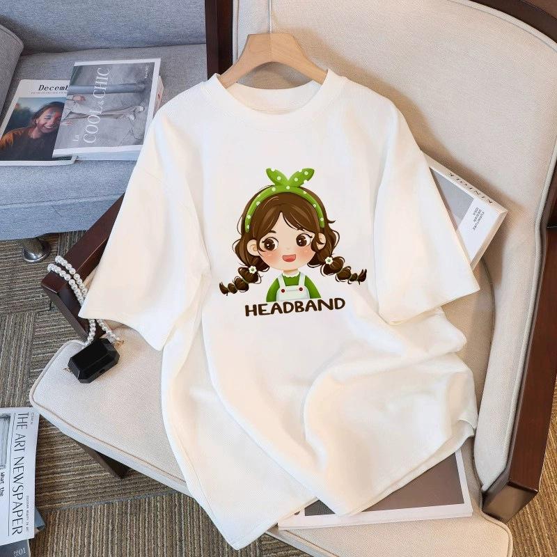 Tricou cu mânecă scurtă din bumbac pur, alb, pentru femei, de vară, nou, de dimensiuni mari, design lejer, imprimat, subțire, cu mânecă jumătate