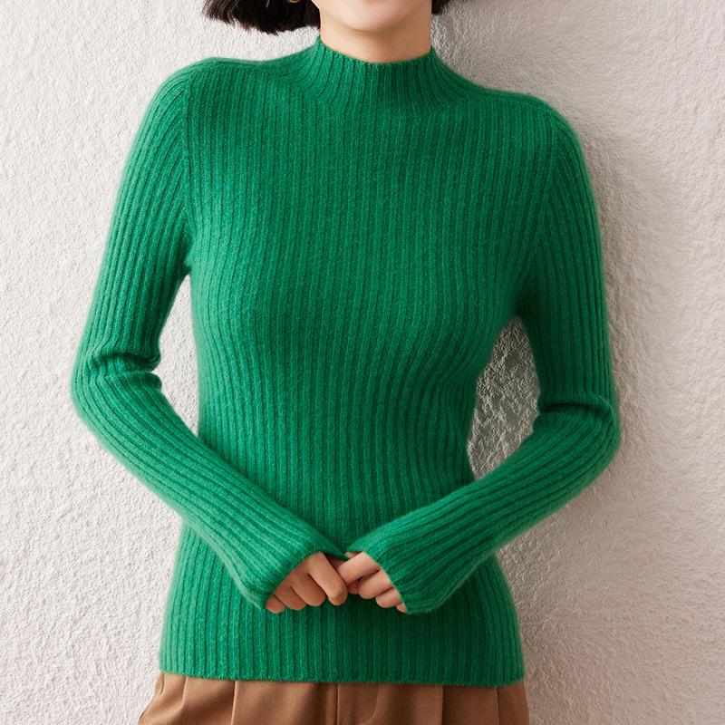 Women's Striped Cashmere Sweater - Autumn/Winter, Half-High Neck, Slim-Fit, Knitted Base Layer