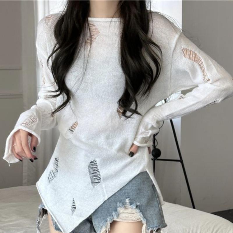 2024 весенний вязаный свитер, женский милый Y2k, эстетические джемперы, японские элегантные повседневные пуловеры с разрезом, укороченные топы Y2k, зимние M