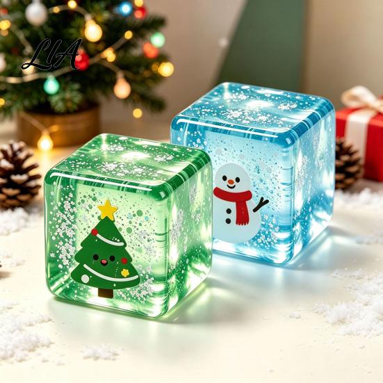 Holiday Desk Toy Christmas Clear Cube Squeeze Toy, Santa Claus Tree Snowman Pattern Stress Cube, Slow Rising Sensory for Party Favors Quiet Relief