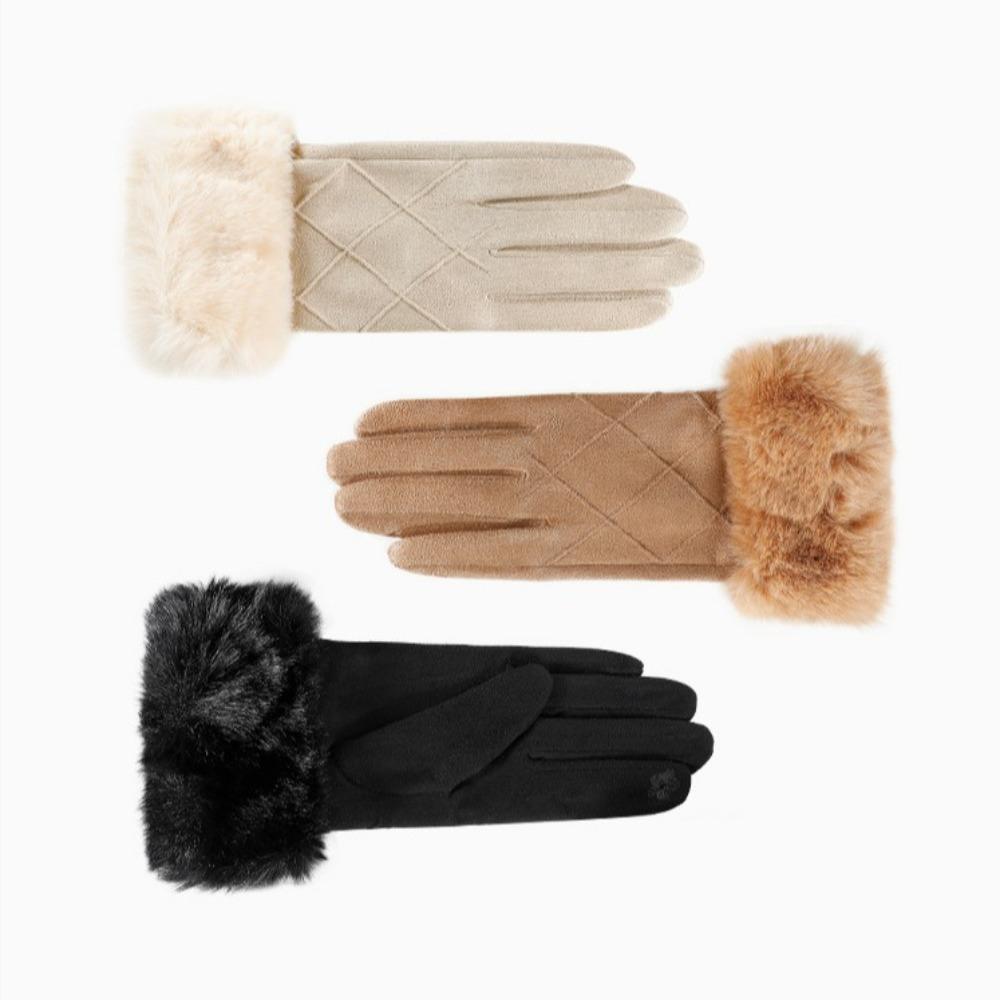 Suede Gloves Plaid Women Cycling Mittens Sweet Winter Fleece-lined Gloves Driving