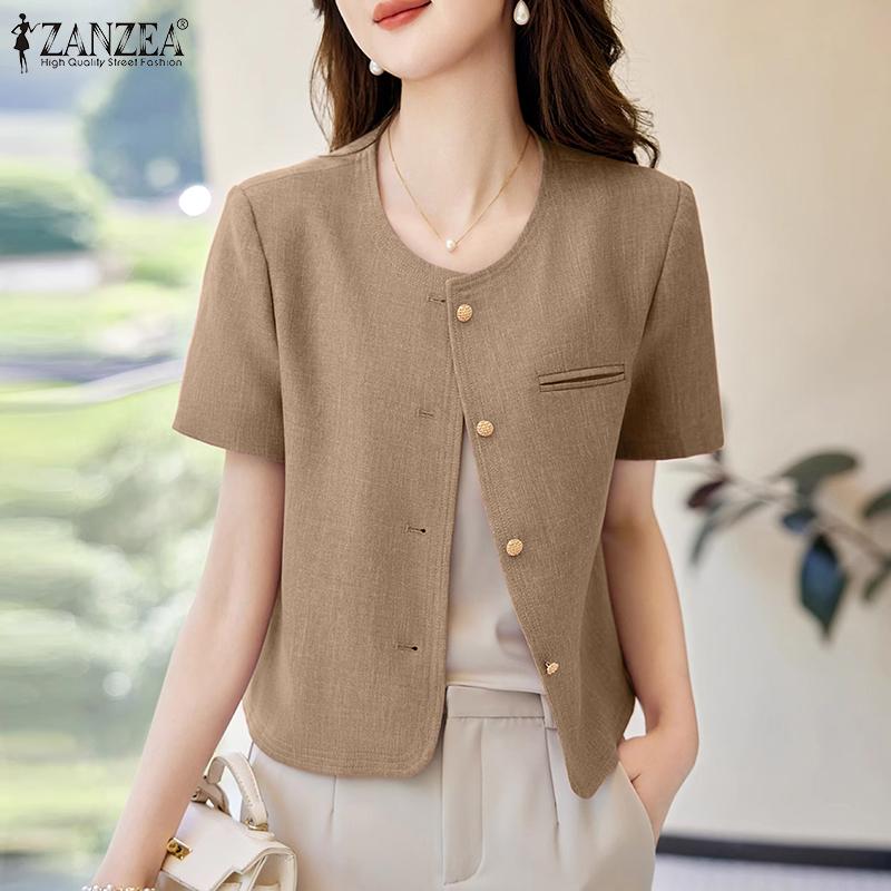 

ZANZEA Женский повседневный летний кардиган с короткими рукавами на пуговицах и круглым вырезом, блузка