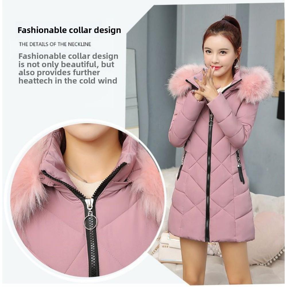 Dámské zimní oblečení úzkého střihu v zahraničním stylu s velkým kožešinovým límcem, středně dlouhé bavlněné oblečení, hromaděné a zahuštěné, teplé bundy, vatované oblečení