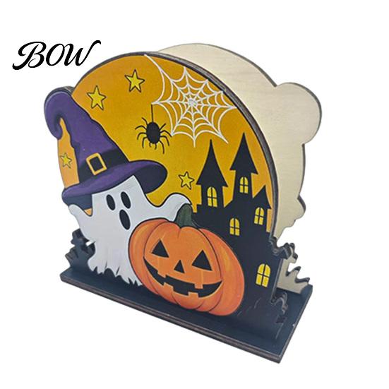 Autumn Seasonal Ornament Halloween Wooden Napkin Holder, Ghost Pumpkin Decorative Tabletop Tissue Dispenser, Desktop Holder Paper Storage Organizer