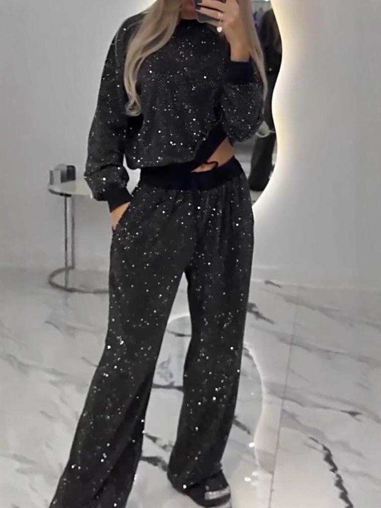 Starry Sky Baby Breath Long-Sleeve Loose Top & Wide-Leg Drawstring Pants Set