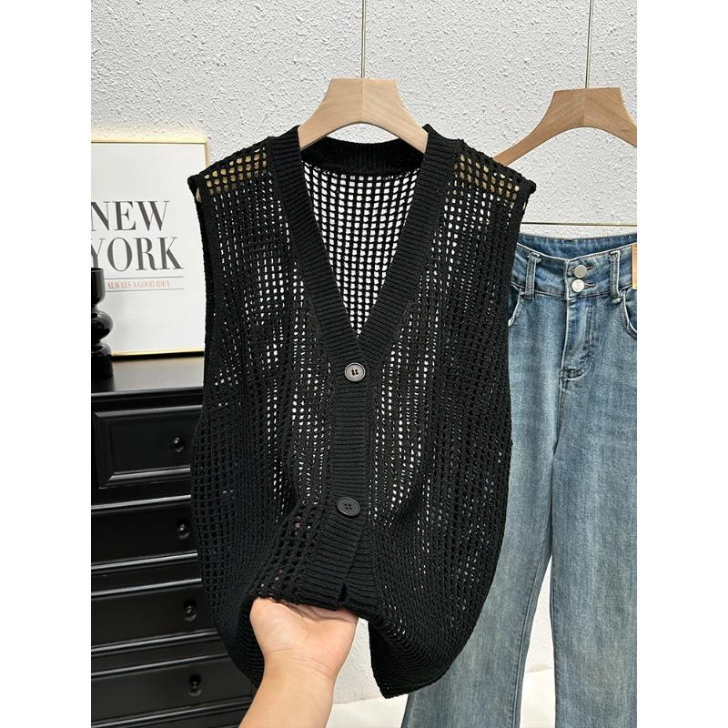 Gilet all'uncinetto con bottoni per donna, scollo a V, senza maniche, traforato, top, outfit estivo Boho Chic Vintage