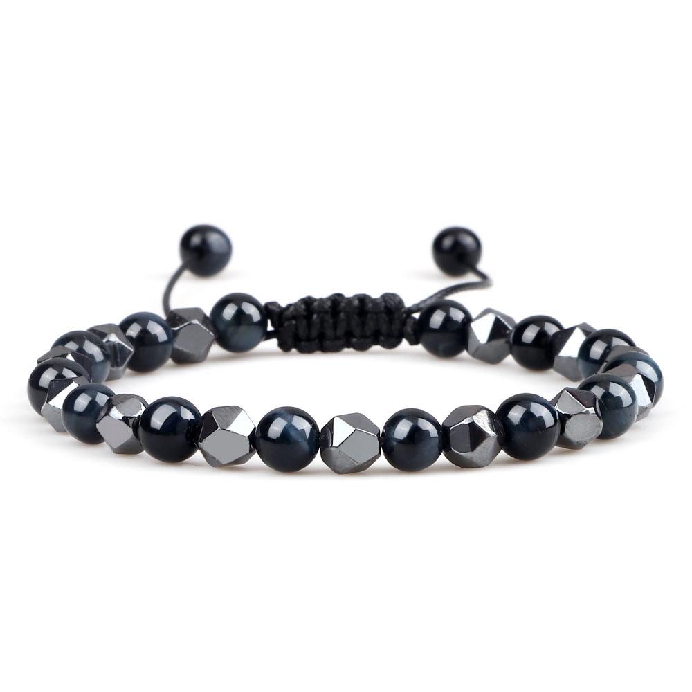 Verstelbaar Handgemaakt Geweven Armbandje met 6mm Geslepen Zwarte Galsteen Kralen