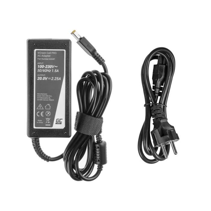 Chargeur Green Cell 45W 20V 2.25A Pour Lenovo G40-30 G50-30 V110-15IAP V130-15IGM Yoga 300-11IBR ThinkPad X240 T440 T450 IdeaPad