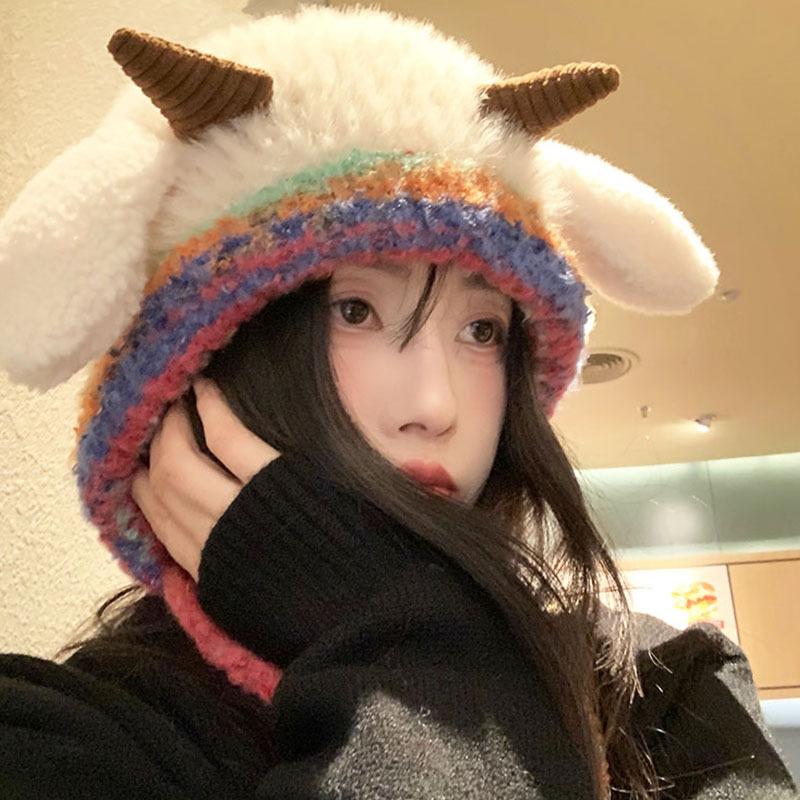 Cute lamb ears plush hat women's winter new season warm ear protection wool hat knitted winter hat