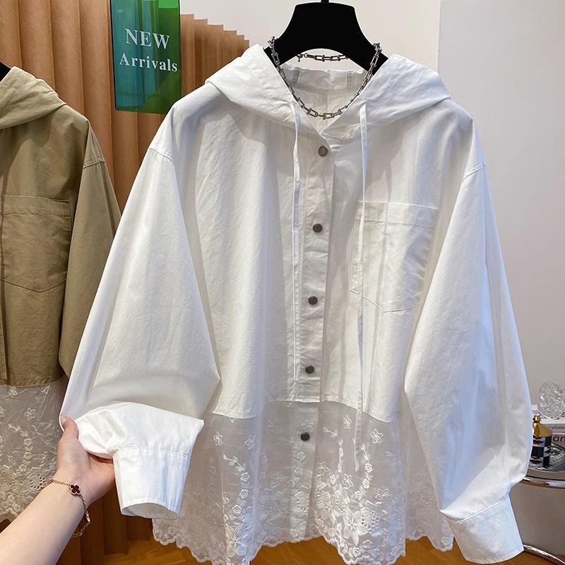 

Chic Hooded Lace Splice Two-Piece Shirt with Drawstring for Spring & Autumn 4XL білий