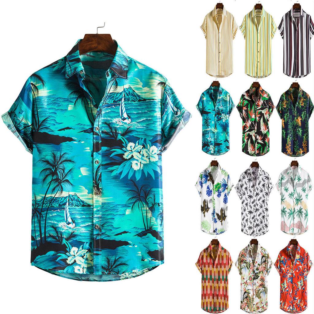 Spring and Summer Men's Beach Shirt Hawaiian Short Sleeve Flower Shirt Men's