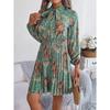 New Elegant Floral Tie Waist Long Sleeve Pleated Skirt Women's Fashion Dresses