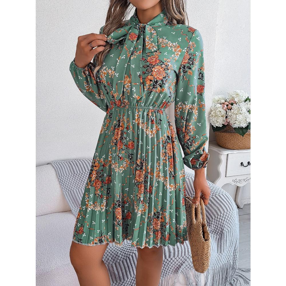 New Elegant Floral Tie Waist Long Sleeve Pleated Skirt Women's Fashion Dresses