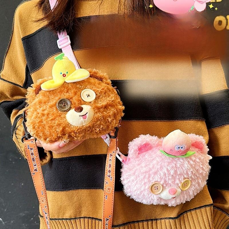 Plush Bear Crossbody Bag For Girls Cute Cartoon Keychain Accessory