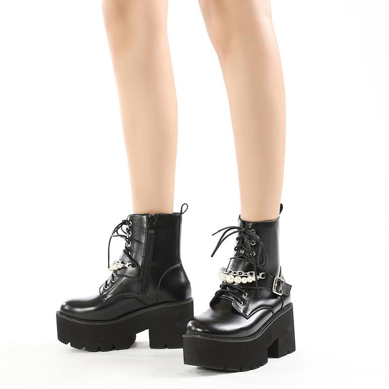 

Belt Buckle Metal Pearl Chain Decorative Front Lace-Up Thick Bottom Large Size Short Boots Side Zipper Martin Boots 43 чорний