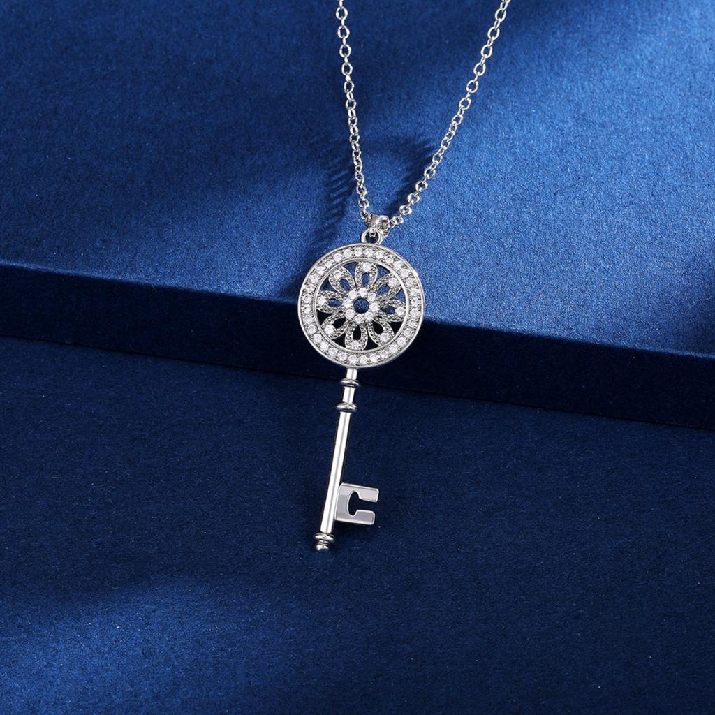 Hollow Floral Circle Key Pendant Cubic Zirconia Long Necklace