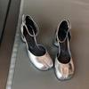 Chaussures Mary Janes à bout fendu pour femmes, Talon haut rond, Bride à boucle, Argent craquelé, Escarpins, Chaussures sexy de soirée, Sandales
