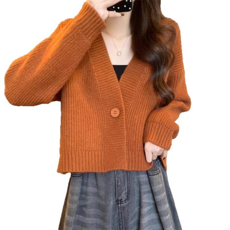 New Early Autumn Short Knitted Cardigan Loose Inner Top Long Sleeve V-Neck Sweater Jacket Women's