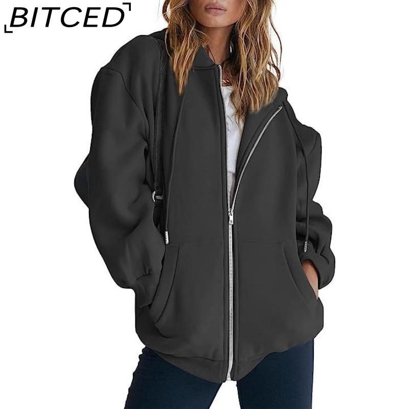 BITCED Unisex Fleece-Lined Hooded Sweatshirt Casual Cardigan with Zip-Up Front