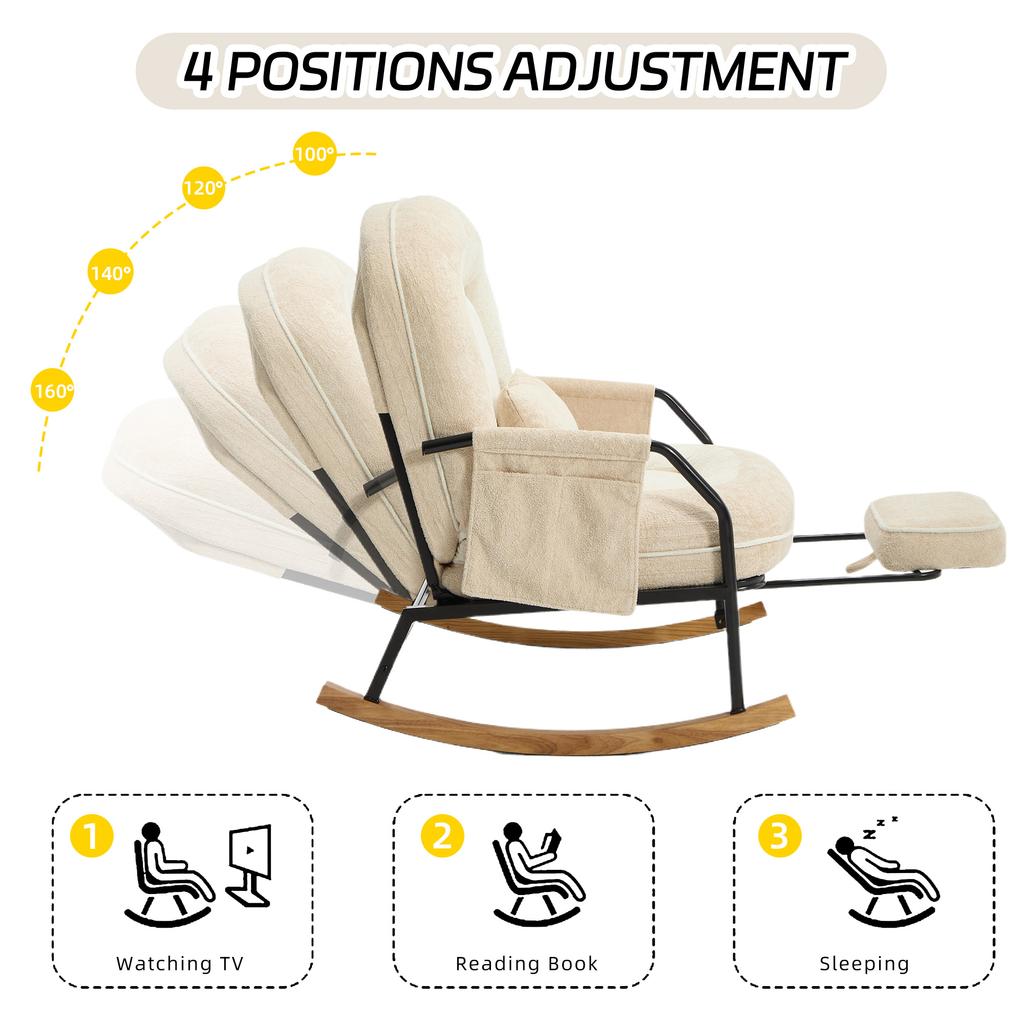Oversized Rocking Chair with Foot Rest, Side Pocket, Cushion, Adjustable Backrest, Metal Wooden Frame, Indoor/Outdoor Living Room, Faux Fur, Beige