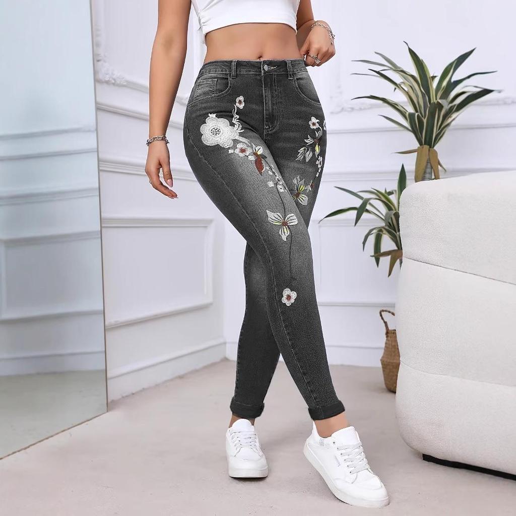 Damskie Jeansy Rurki z Haftem, Rozciągliwe, Wysmuklające, z Niskim Stanem, Styl Retro, Jesień 2025