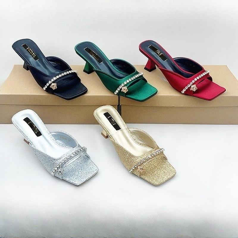 Square Toe Block Heel Rhinestone Single Strap Sandals Women High Heel Casual Summer Slide Shoes