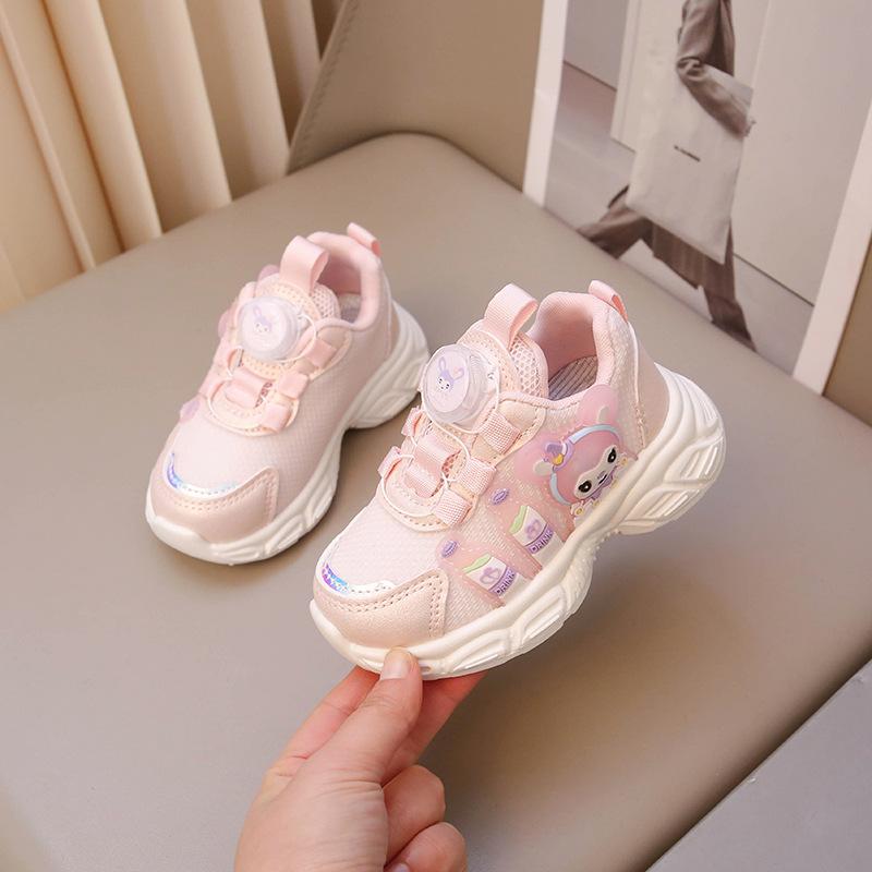 Girls' Sneakers 2025 Spring New Children's Leather Rotating Button Shoes Lightweight Shock-absorbing Flash Shoes