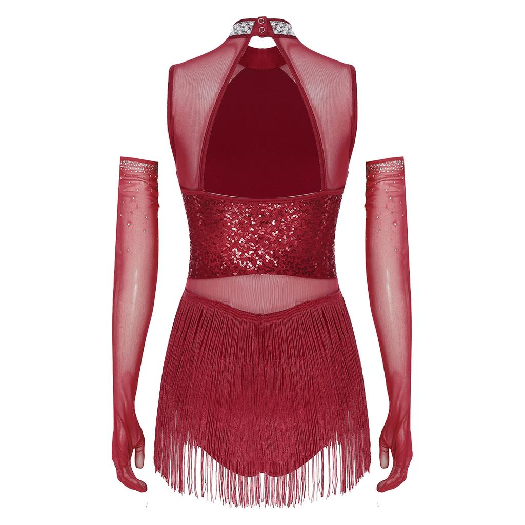 Damen Latin Tanz Kostüm Funkelnder Strassstein Kragen Netz Patchwork Fransen Pailletten Performance Kleid