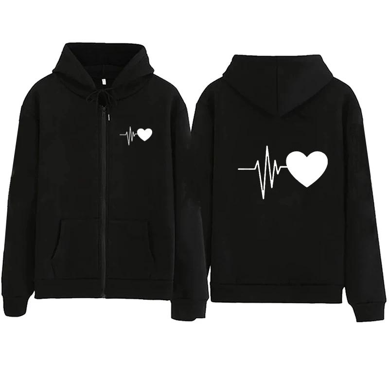 Women Heartbeat Printed Zipper Hoodie Autumn Winter Women Outdoor Sports Fashion Simple Long Sleeve Fleece Sweatshirts