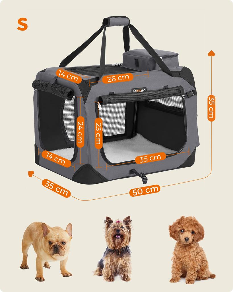 FEANDREA Haustiertransporttasche Hunde Katzentransporttasche Transportbox Faltbar 50 x 35 x 35cm Grau PDC50G01