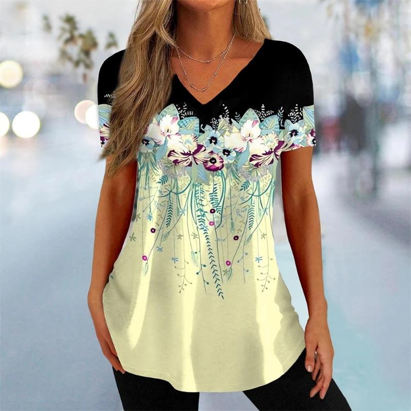 Sommer Damen T-Shirt 3D-Blume Bedruckte Kleidung Schönes V-Ausschnitt Kurzarm T-Shirt Trend Mode T-Shirt für Damen Straße