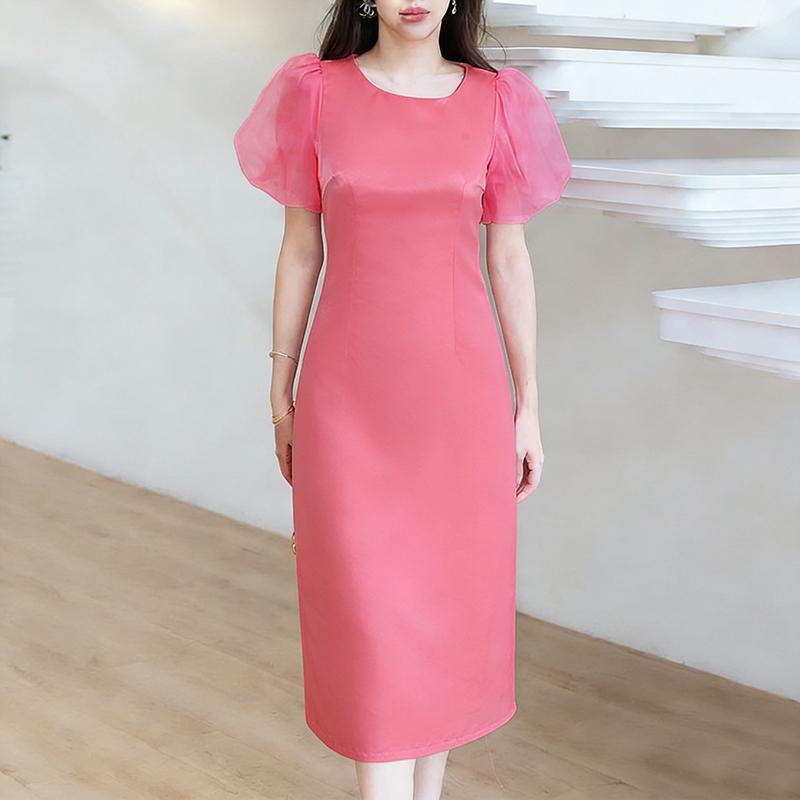 ZANZEA Women Casual Round Neck Mesh Splice Puff Sleeve Elegant Summer Dress S розовый
