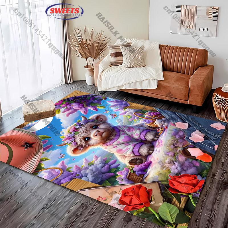 Pink Farmhouse Cow Rug with Floral and Heart Accents carpet for home sofa bedroom, gift