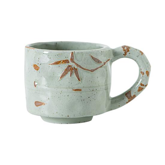 Ceramic Coffee Cup Handmade Rose Bamboo Leaf Embossed Pattern Mug 290ml Rustic Textured Mug Microwave Oven Safe Stackable Gift for Coffee Lovers