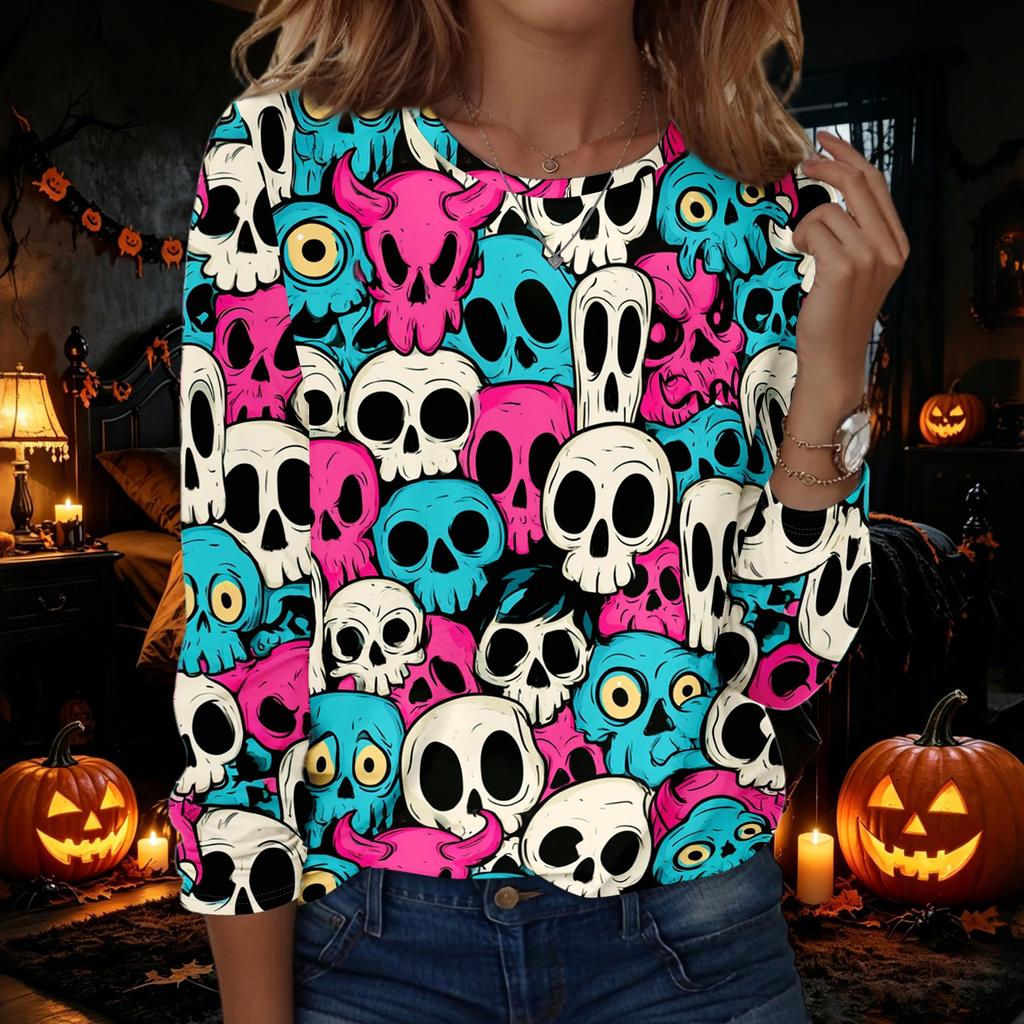 Women's Halloween Printed Long Sleeve Neck Pullover Top