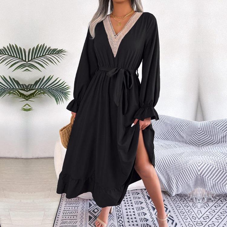 Women Summer Lace Up V Neck High Waist A Line Dress Solid Color Ruffle Edge Spring Fashion