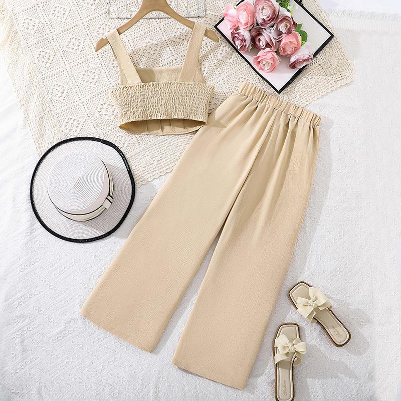 Girls' Fashionable Outfit - Summer Children's Solid-color Camisole Top and Casual Pants Set