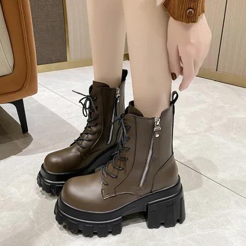 

Массивные ботильоны на платформе Женские Новые Осенне-зимние Мотоботы Женские Толстая подошва Нескользящие Кожаные Боевые ботинки 9 см 39 коричневый