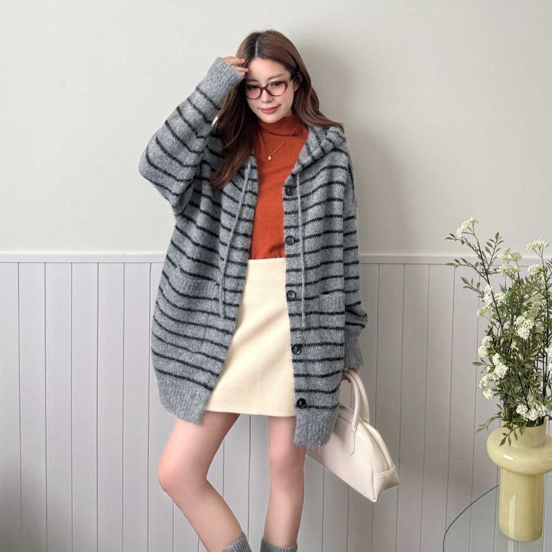 Hooded striped casual knitted cardigan women's autumn and winter new fashion loose lazy sweater jacket