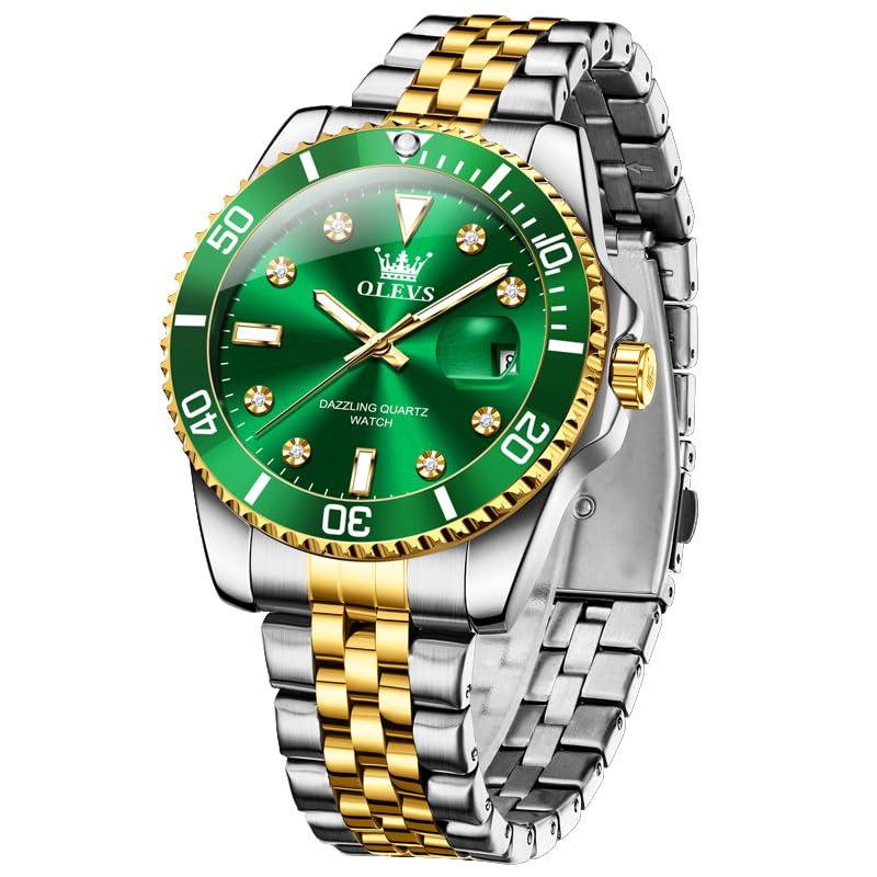 OLEVS Men's Quartz Watch, Business Style, Stylish, Waterproof, Diamond-Inspired, Metal Band, Date Display, Luminous, Gift, Green