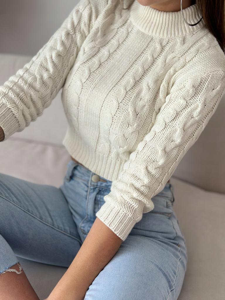 Modny ciepły sweter damski krótki crop półgolf damski warkocze ecru xl
