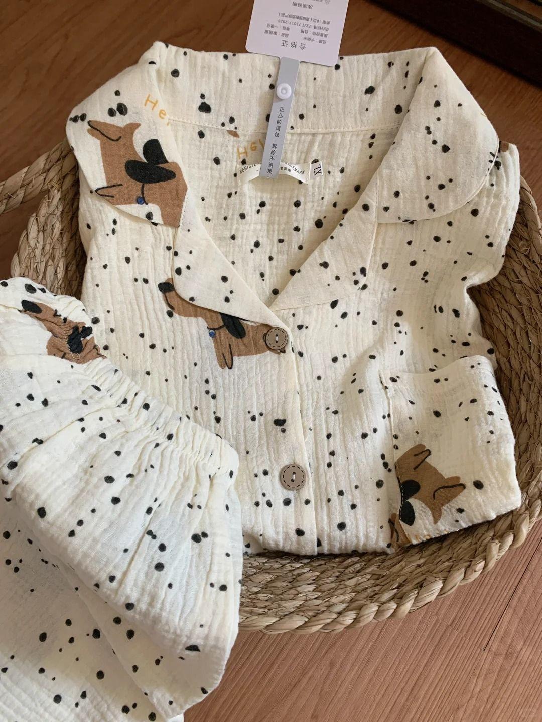 

Summer new spotted puppy pajamas women s summer short-sleeved shorts cardigan two-piece set soft cute can be worn outside loungewear S