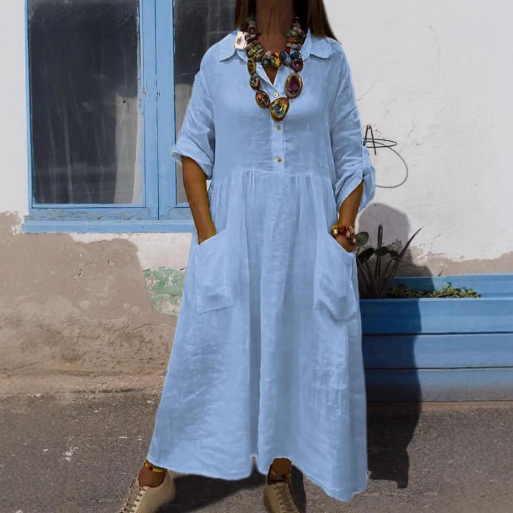 New Women's Cotton Linen Dress, Loose Solid Color Casual Bohemian Vacation Dress, Button Detail Fashion European American Style Dress