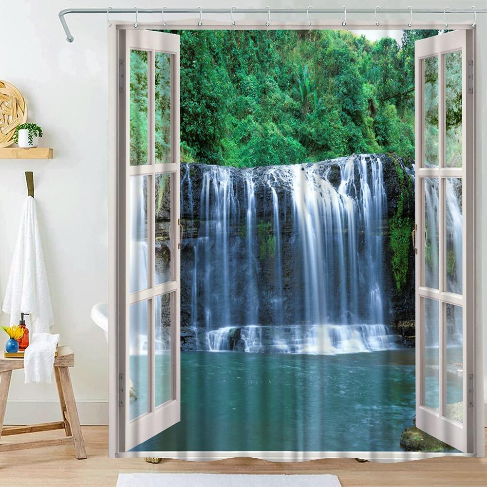 Waterfall Shower Curtain Natural Landscape Outside Window Scenery Forest Flowing Stream Bathroom Decor Polyester Bath Curtains